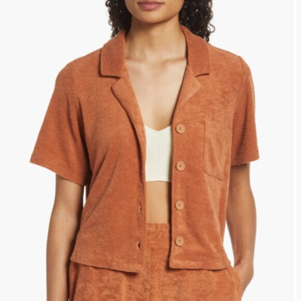 Marine Layer Women's Lucy Terry Out Resort Button Front Collared Relaxed Shirt S
